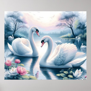 Poster Print - Swans in a Tranquil Waterlily Pond