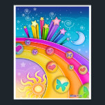 Poster, Prints - Retro Pop Art Sixties Sky<br><div class="desc">A bright and colourful sixties style retro pop art of a sky from morning until night with stars,  moon,  sun and a rainbow.</div>