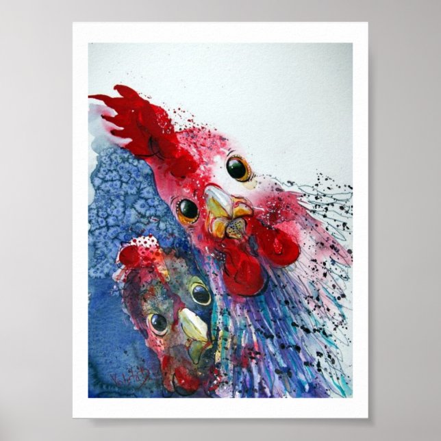Poster - Rooster and Hen in Watercolours (Front)