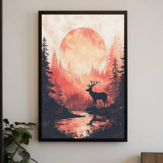 Poster Sunset Deer Silhouette Aesthetic Design