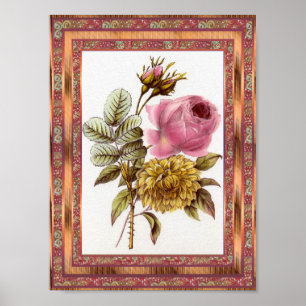 Poster Vintage Art Flowers Pink With Frame
