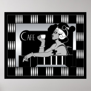 Poster Vintage Cafe Art Deco Stripe Black