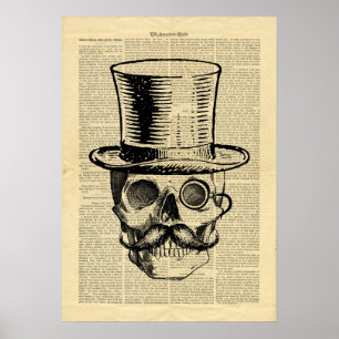 Poster vintage Skull Hat Moustache on newspaper