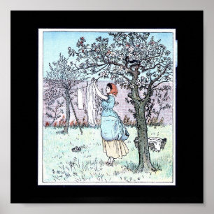 Poster-Vintage-Woman Hanging Laundry Illustration Poster