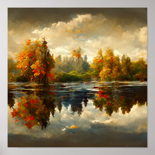 Poster wall art - Fall scene of trees by lake side