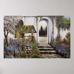 Poster Wishing well garden full brighter colours