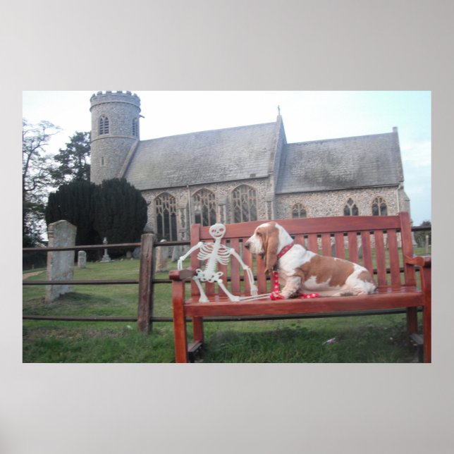 Poster With Basset Hound Visiting Beautiful Church (Front)