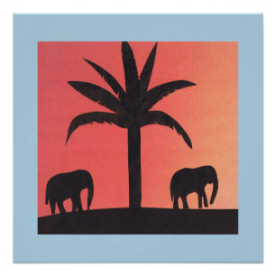 Poster with Silhouettes of Elephants and a Palm