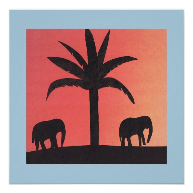 Poster with Silhouettes of Elephants and a Palm (Front)