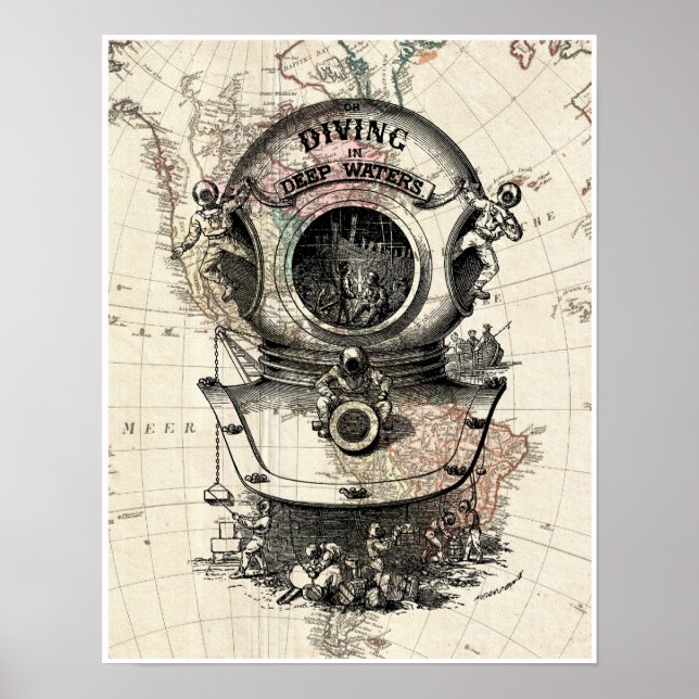 Poster with vintage diving suit on the map (Front)