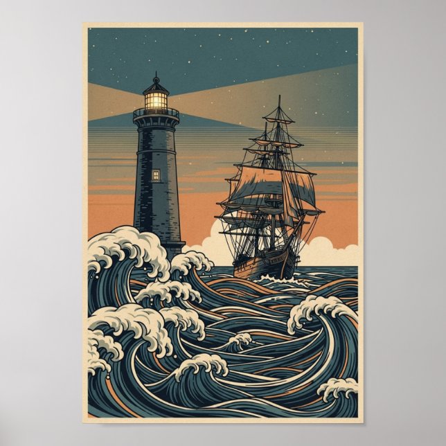 Posters Vintage Ocean Lighthouse Print (Front)