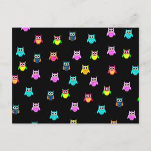 Postkarte schwarz mit bunten Eulen Postcard