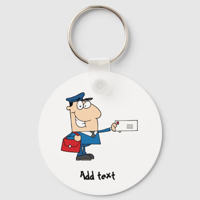 Postman postal worker cartoon mascot personalised key ring (Front)