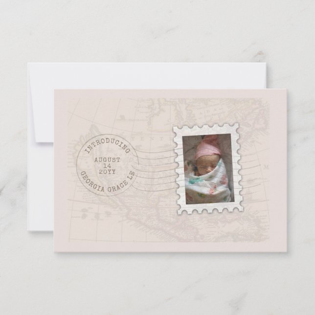 Postmark and Photo Stamp Travel Birth Announcement (Front)