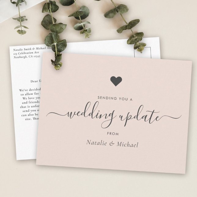 Postpone Wedding Update Elegant Script Blush Pink Postcard (Wedding update card with elegant script text on a soft beige background, along a small gray heart )