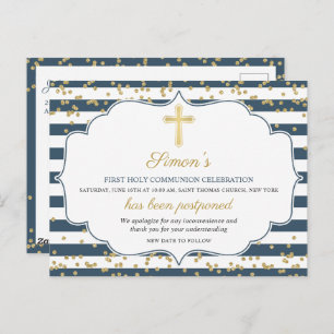 Postponed Announcement Gold Blue First Communion Postcard