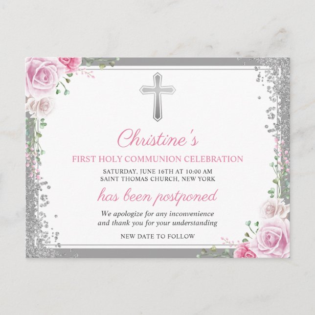 Postponed Announcement Pink Floral First Communion Postcard (Front)