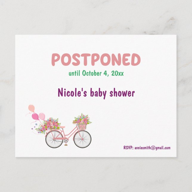 Postponed Baby Shower with Reschedule Date RSVP Announcement Postcard (Front)