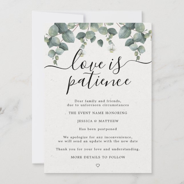 Postponed Change of Plans Eucalyptus Wedding Announcement (Front)