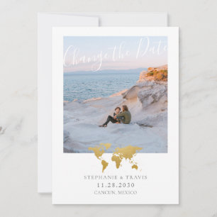 Postponed Destination Wedding Gold Map Photo Announcement