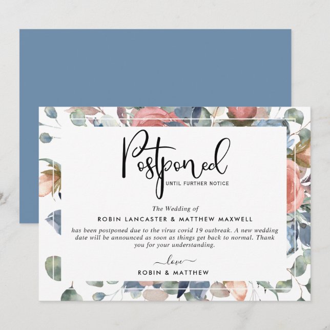 Postponed Event Announcement, Dusty Blue and Blush Invitation (Front/Back)