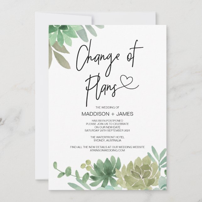 Postponed Notes Wedding Change of Plans Succulents Invitation (Front)