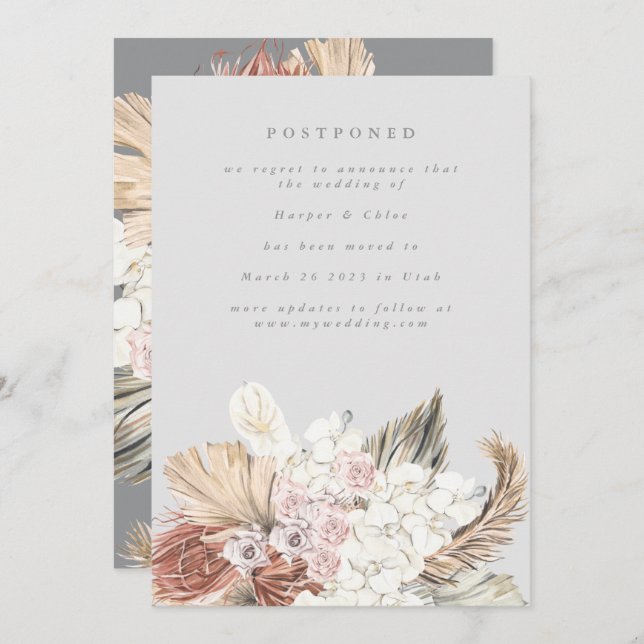 Postponed Ultimate Grey Bohemian Pampas Save The Date (Front/Back)