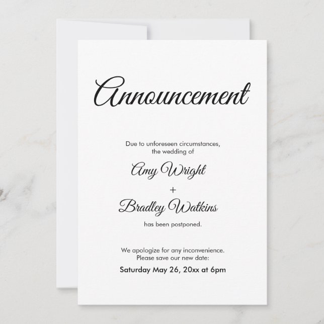 Postponed Wedding Announcement Elegant Card (Front)