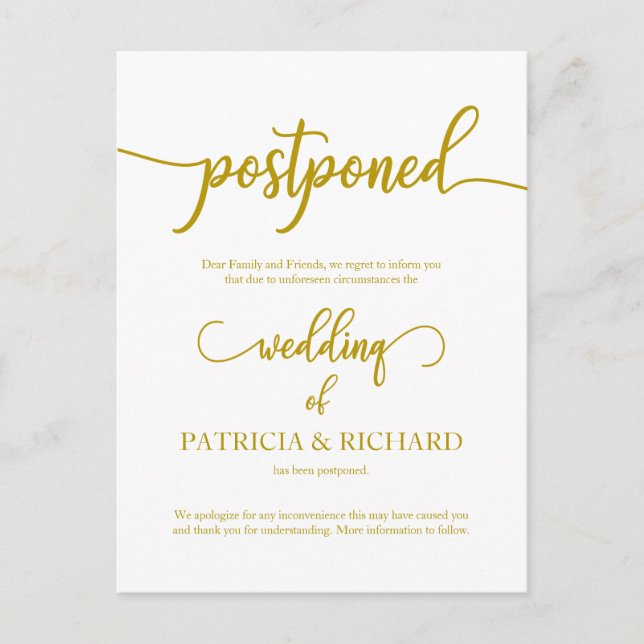 Postponed Wedding Announcement Elegant Gold Postcard (Front)