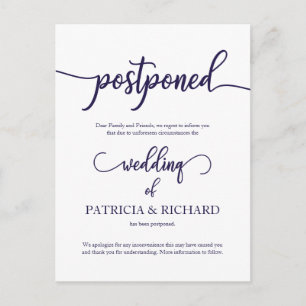 Postponed Wedding Announcement Navy Blue Script Postcard