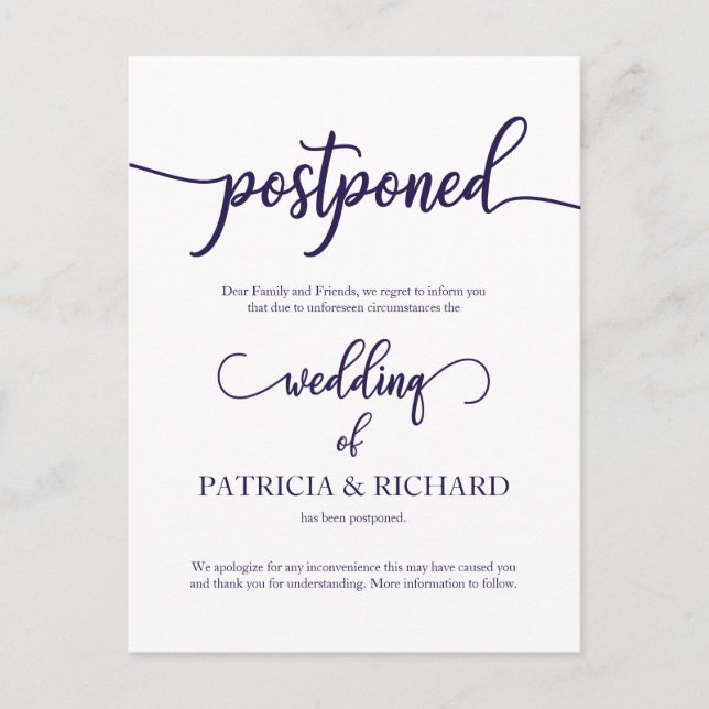 Postponed Wedding Announcement Navy Blue Script Postcard (Front)