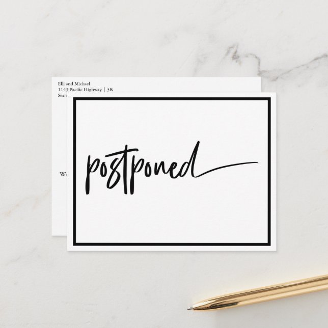 Postponed Wedding Black White Modern Announcement Postcard (Front/Back In Situ)
