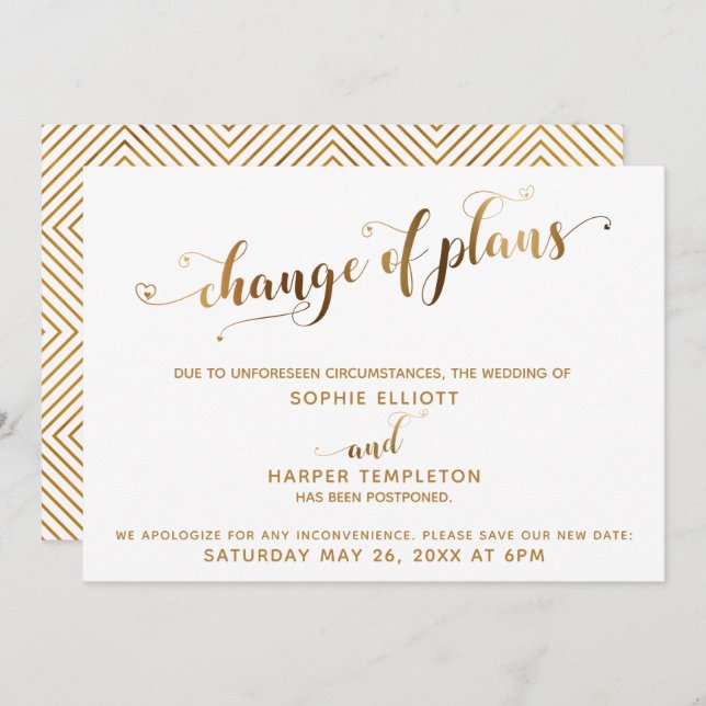 Postponed Wedding Change of Plans Gold & Hearts Invitation (Front/Back)