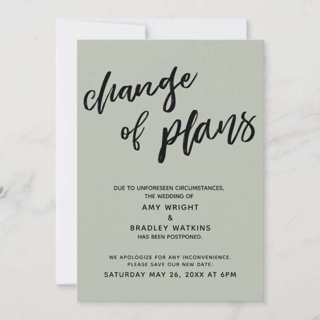 Postponed Wedding "Change of Plans" Sage Card (Front)