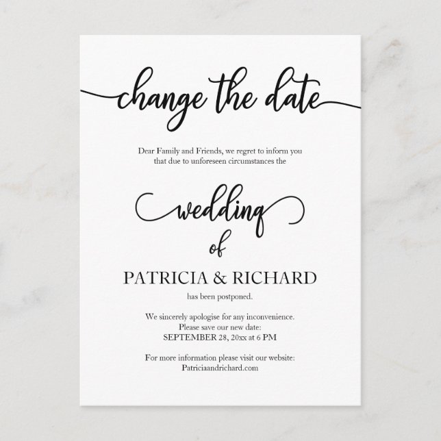 Postponed Wedding Date Announcement Cheap Elegant Postcard (Front)