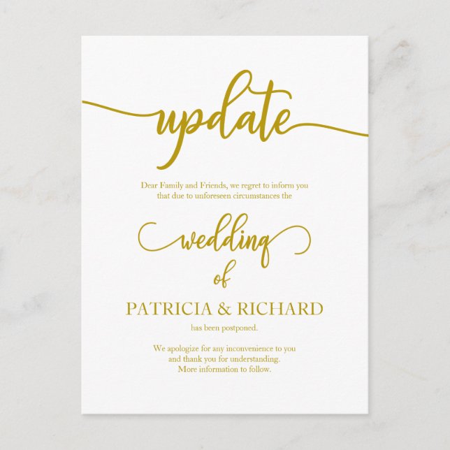 Postponed Wedding Date Announcement Elegant Gold Postcard (Front)