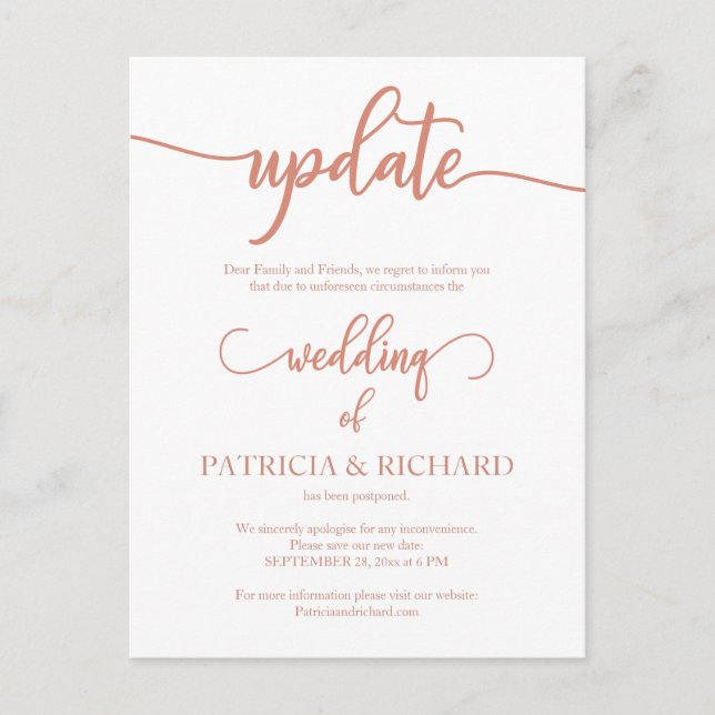 Postponed Wedding Date Update Elegant Rose Gold Postcard (Front)