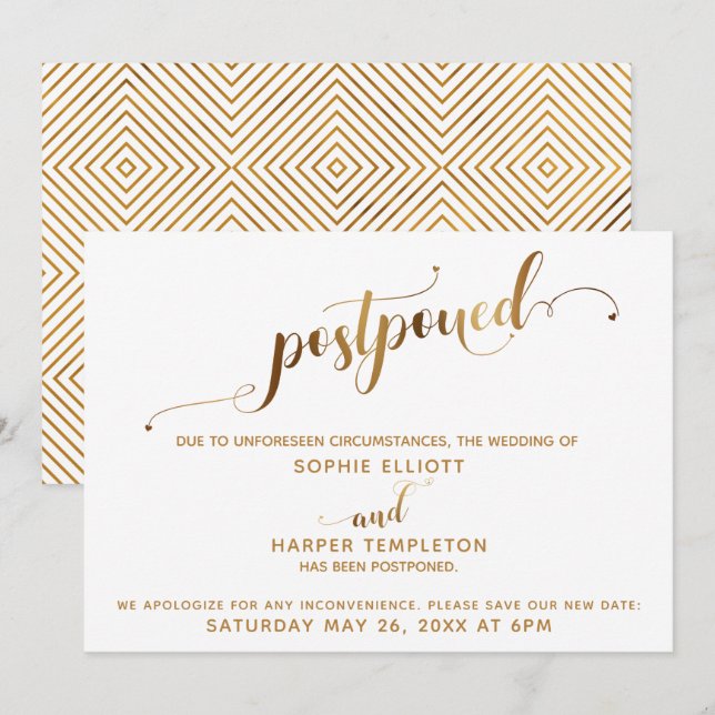 Postponed Wedding Details Gold Hearts Calligraphy Invitation (Front/Back)