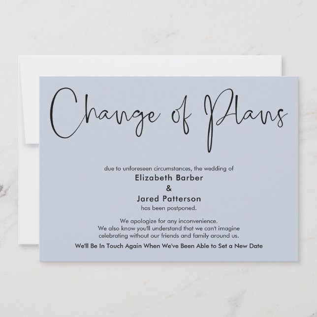 Postponed Wedding Dusty Blue Change of Plans Card (Front)