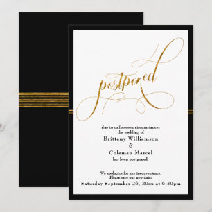 Postponed Wedding Elegant Black & Gold Stripe Card