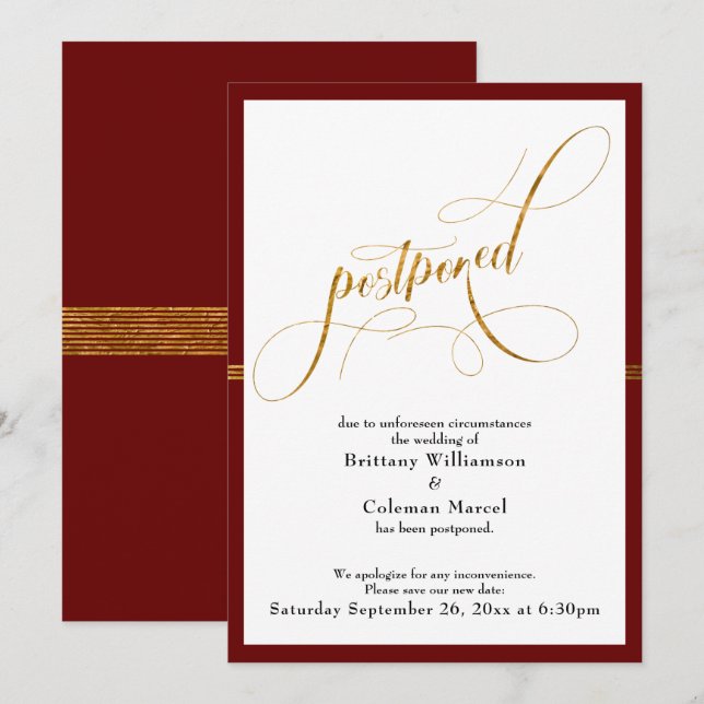 Postponed Wedding Elegant Red w/ Gold Stripe Card (Front/Back)