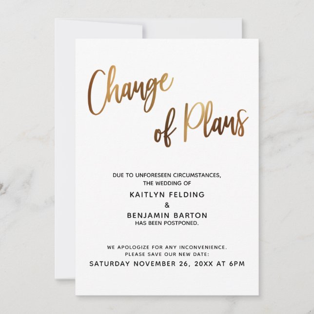 Postponed Wedding Gold Change of Plans Card (Front)