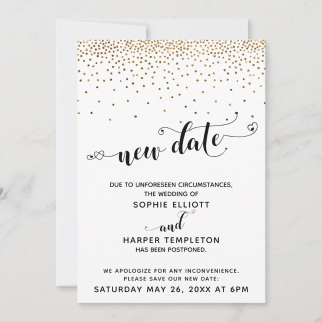 Postponed Wedding Gold Confetti & Hearts New Date Invitation