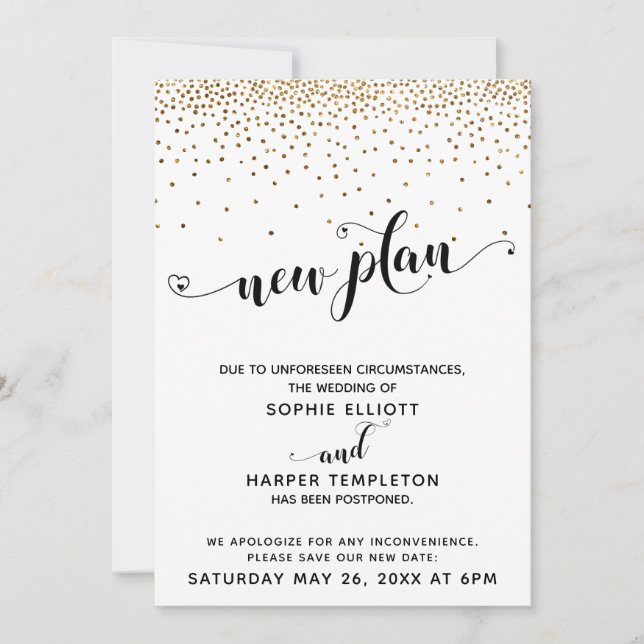 Postponed Wedding Gold Confetti & Hearts New Plan Invitation (Front)