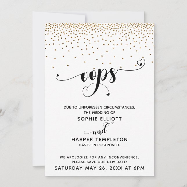 Postponed Wedding Gold Confetti & Hearts Oops Invitation (Front)