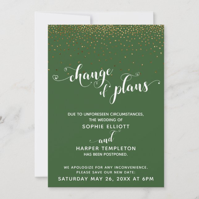 Postponed Wedding Gold Green Change of Plans Card (Front)