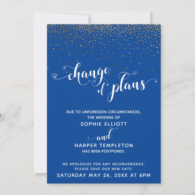 Postponed Wedding Gold Navy Change of Plans Card (Front)