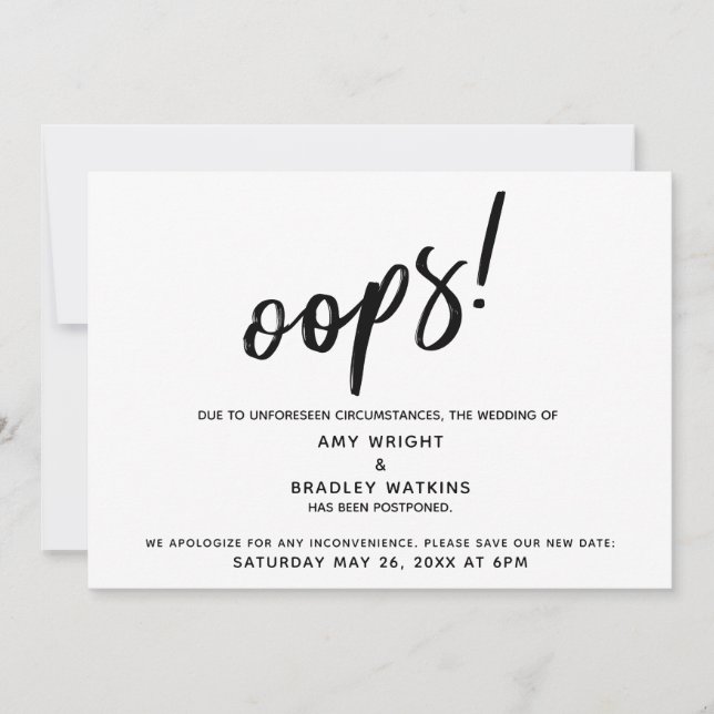 Postponed Wedding Humourous "Oops!" Announcement (Front)