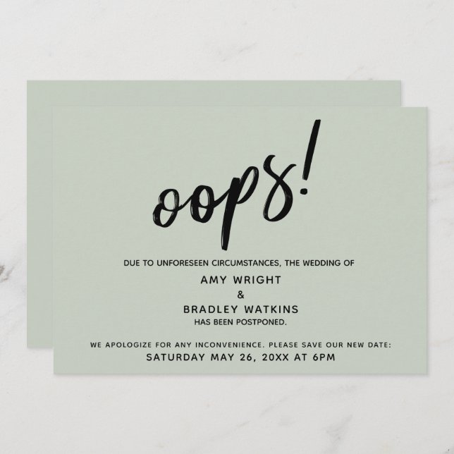 Postponed Wedding Humourous "Oops!" Sage Green Car Invitation (Front/Back)