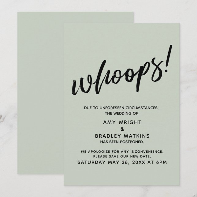 Postponed Wedding Humourous "Whoops!" Sage Card (Front/Back)